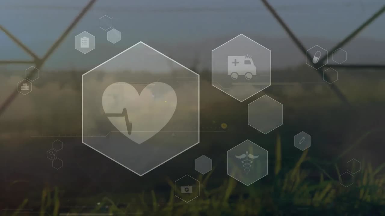 풍경 위의 의료 아이콘과 연결 네트워크의 애니메이션