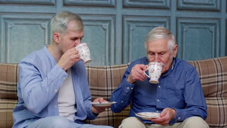 Different-male-generations-family-of-senior-father-and-adult-son-or-grandson-relaxing,-drinking-tea