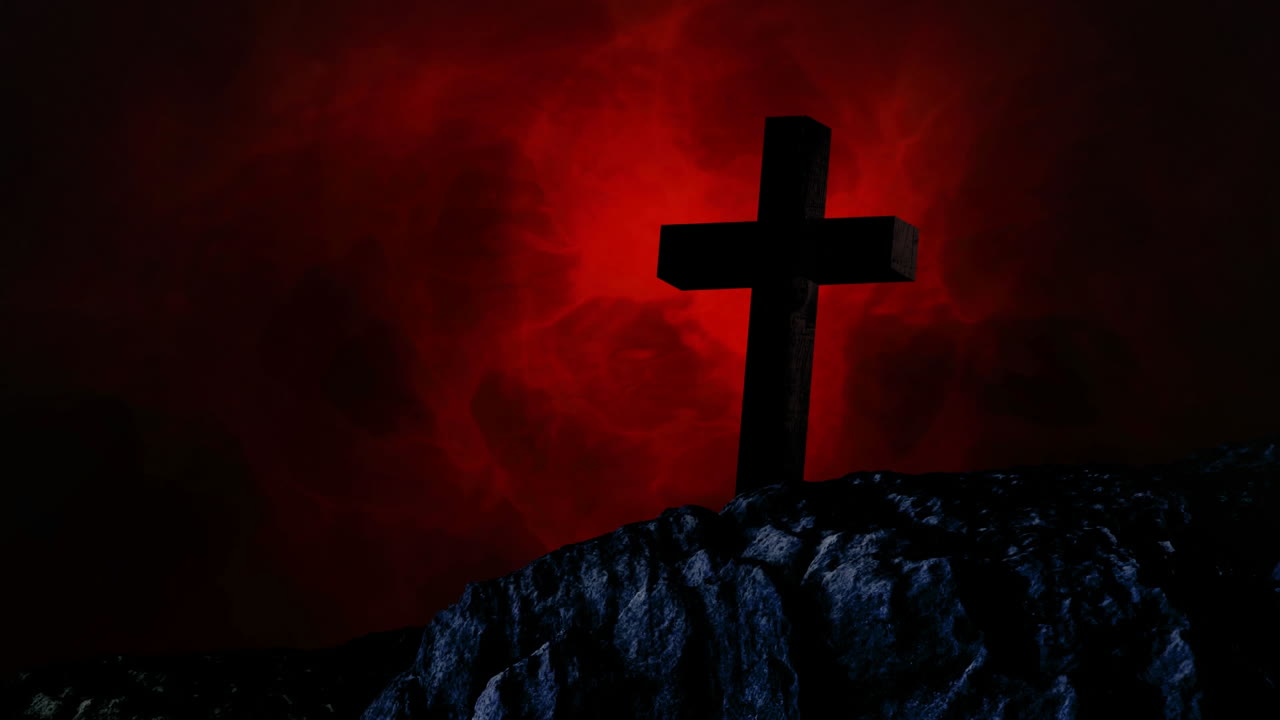 animação da silhueta da cruz cristã sobre nuvens vermelhas de fumaça