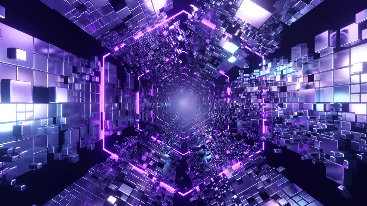 Abstract 3d ultraviolet steel cubes tunnel