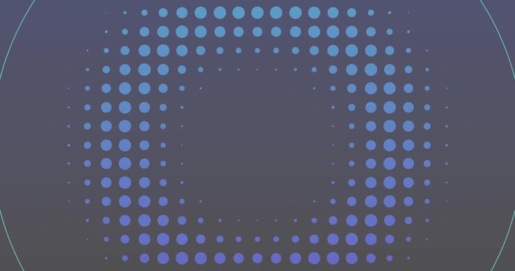 Animation of blue spots and rings moving on dark grey background