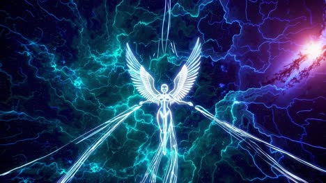 una figura angelical con alas extendidas emerge de un vórtice giratorio de energía cósmica, fuego y relámpago, simbolizando el despertar espiritual y el poder divino.