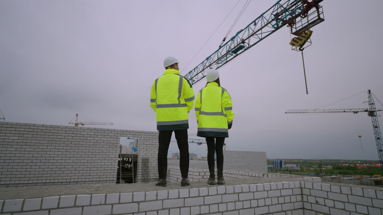 hombre y mujer están viendo el trabajo de construcción de maquinaria en el sitio de construcción ingeniero civil y capataz