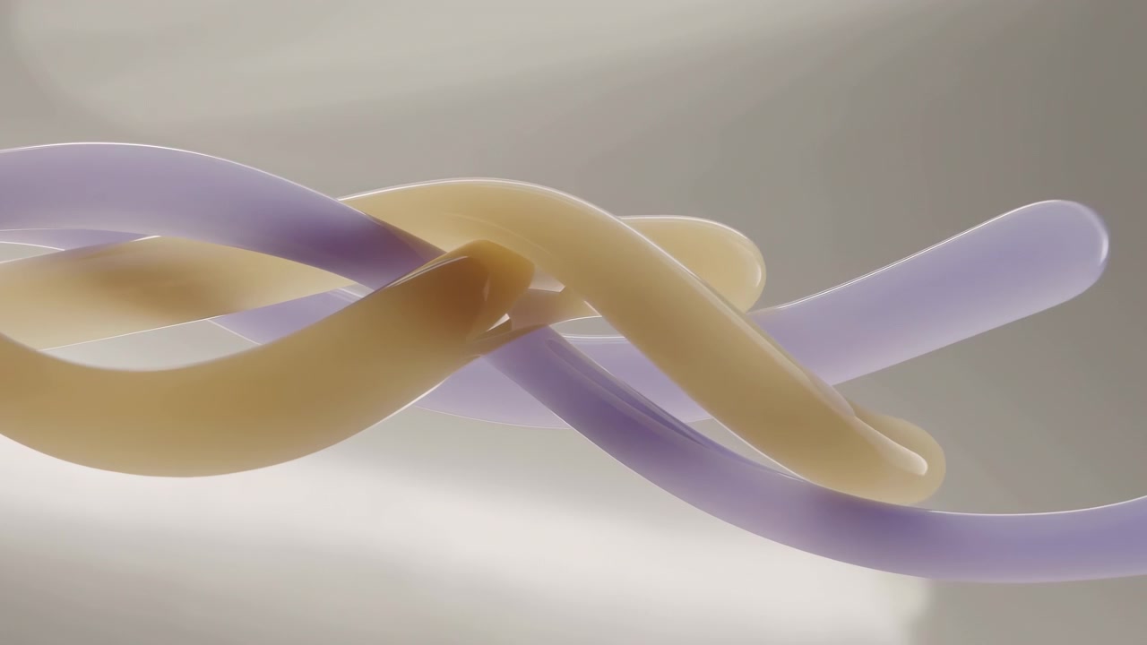 Smooth glossy pastel ribbons in beige and lavender curve across a softly lit minimal scene, creating an elegant abstract composition with gentle reflections