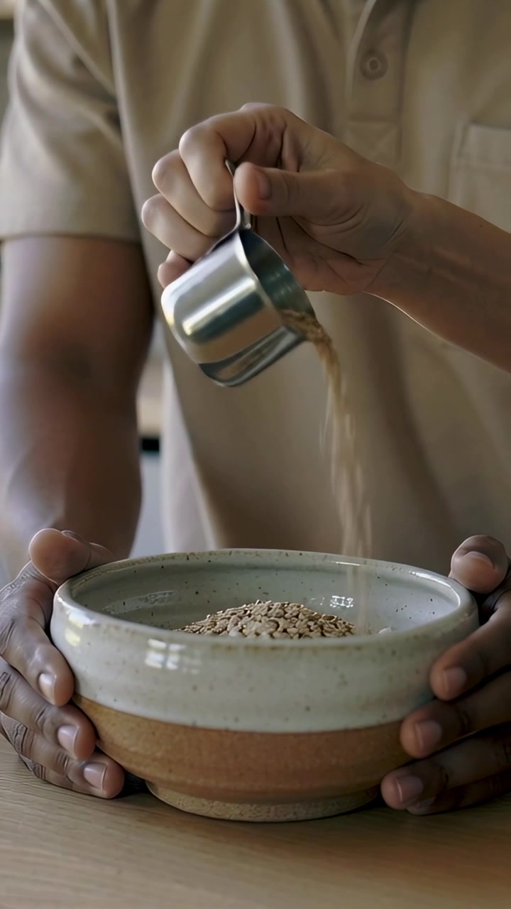 Vertical video: Tilting man in beige polo pouring oats from cup into ceramic bowl at home