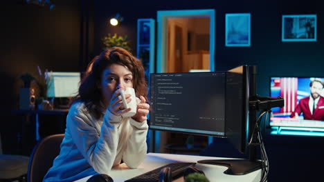 Fröhlicher-IT-Mitarbeiter-Hält-Kaffeetasse-Und-Debuggt-Code