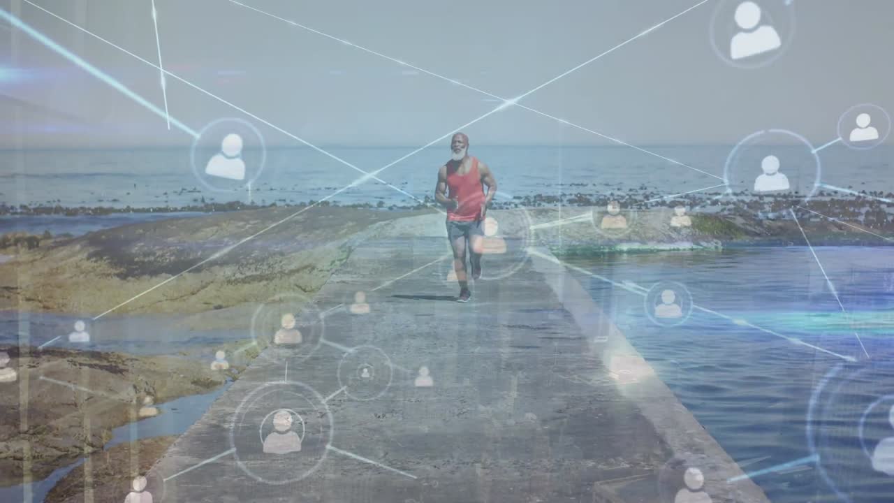 Animation of profile network lines connecting dots, african man running on pathway at beach