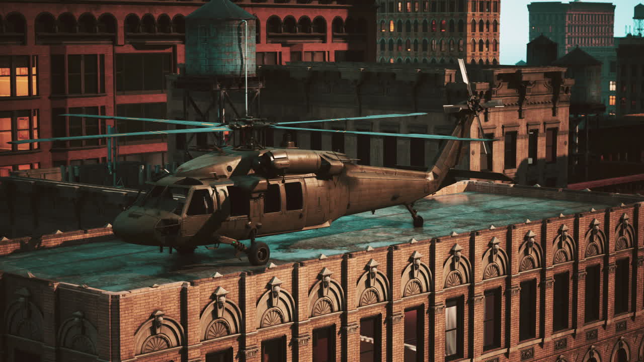 해가 지는 시내에 있는 군사 헬리 ⁇ 터