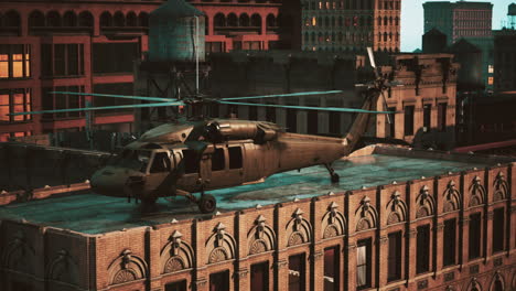 military-helicopter-in-downtown-at-sunset