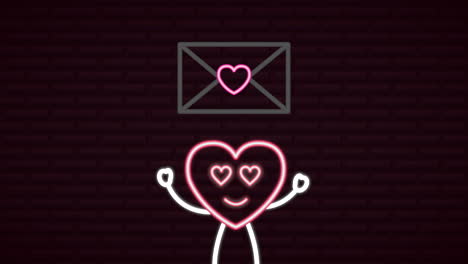 etiqueta de neón del día de san valentín animada con carácter de corazón