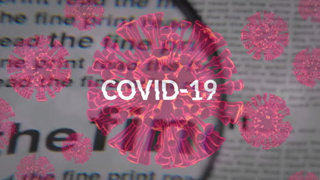 animation of word covid-19 with spreading cells and newspapers in background