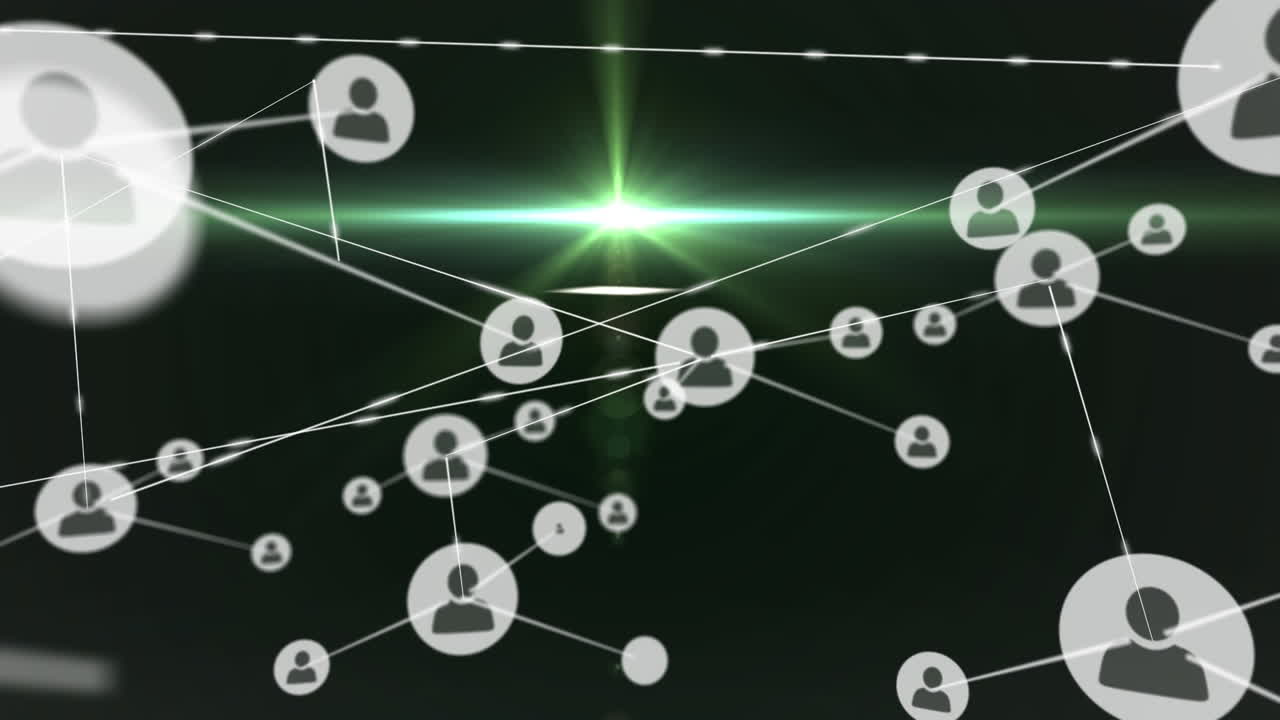 animación de la red de conexiones con iconos sobre fondo oscuro