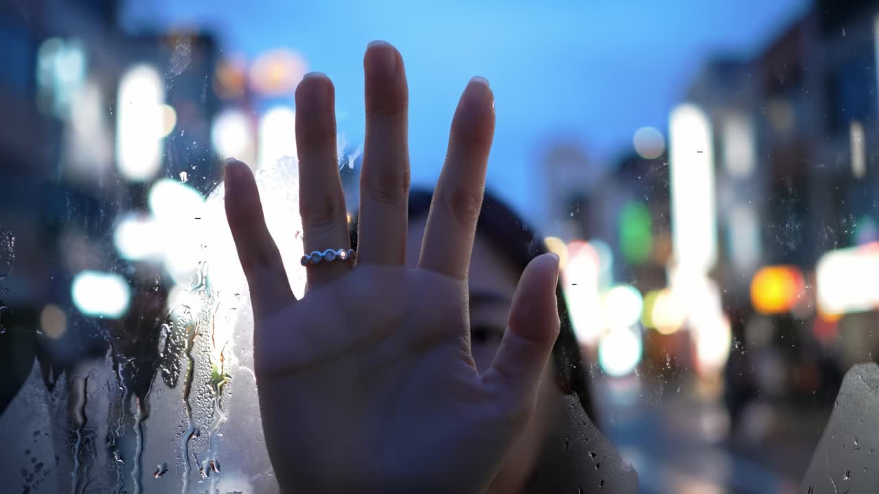 A woman presses her hand against a rain-soaked window, creating an emotional scene of longing and isolation in a blurred urban backdrop illuminated by colorful lights