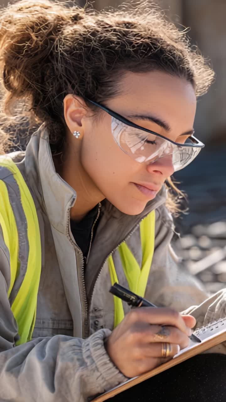 Focused Female Construction Worker Monitoring Progress with a Notepad and Pen on a Busy Worksite, Highlighting Dedication and Precision in Her Tasks