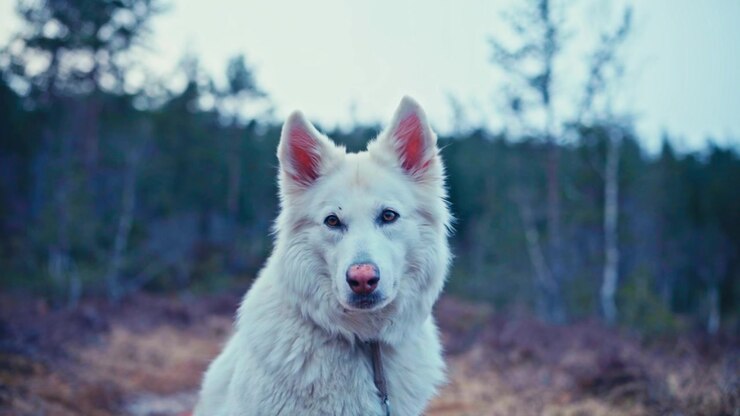 Un pastore tedesco bianco si trova all'aperto in un ambiente boschivo in Norvegia, circondato da alberi e vegetazione naturale