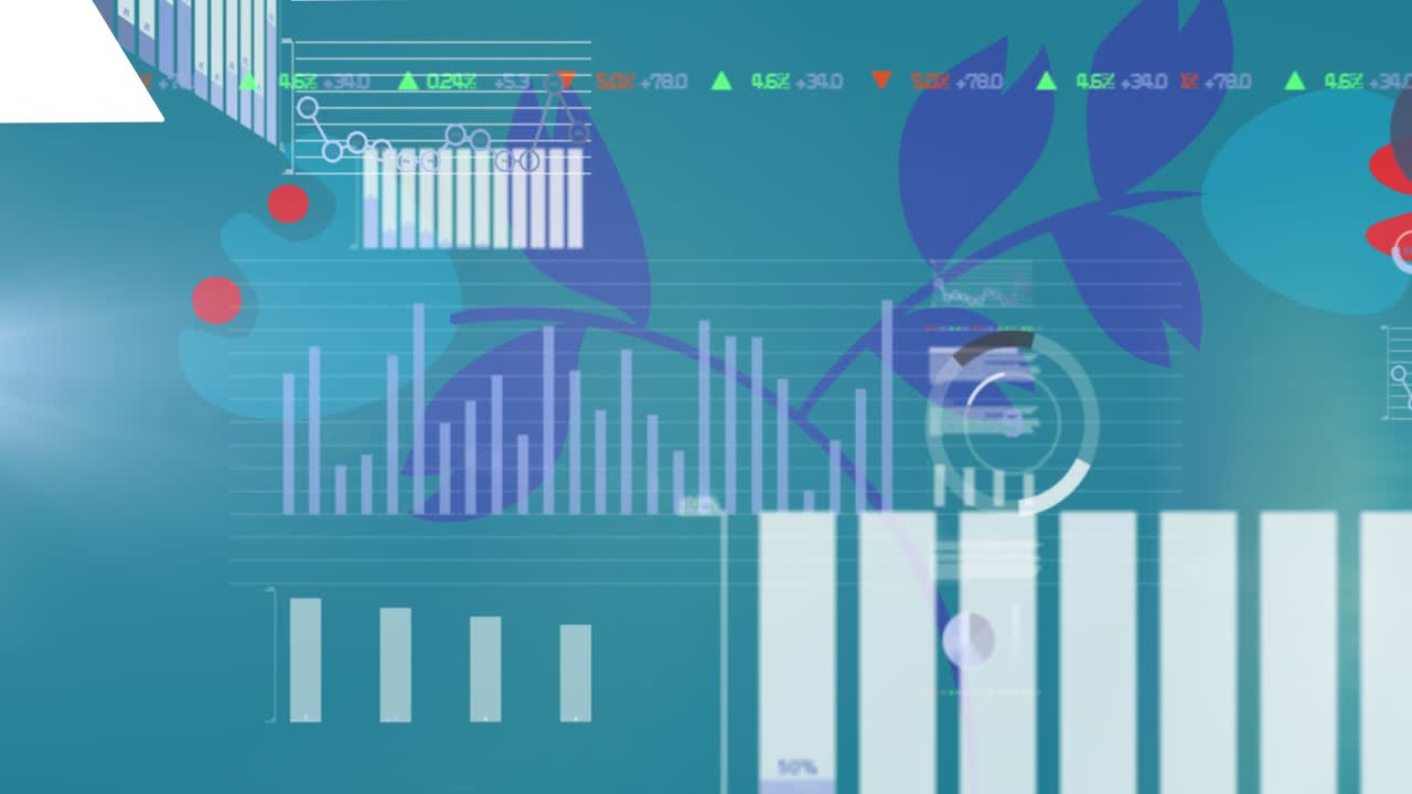Animation of financial data processing over flowers on blue background