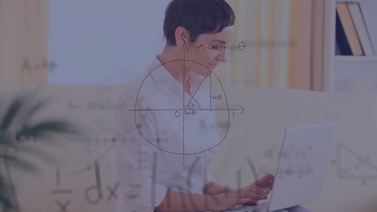 Animation of mathematical equations floating against caucasian woman using a laptop at office