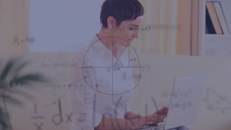 Animation-of-mathematical-equations-floating-against-caucasian-woman-using-a-laptop-at-office