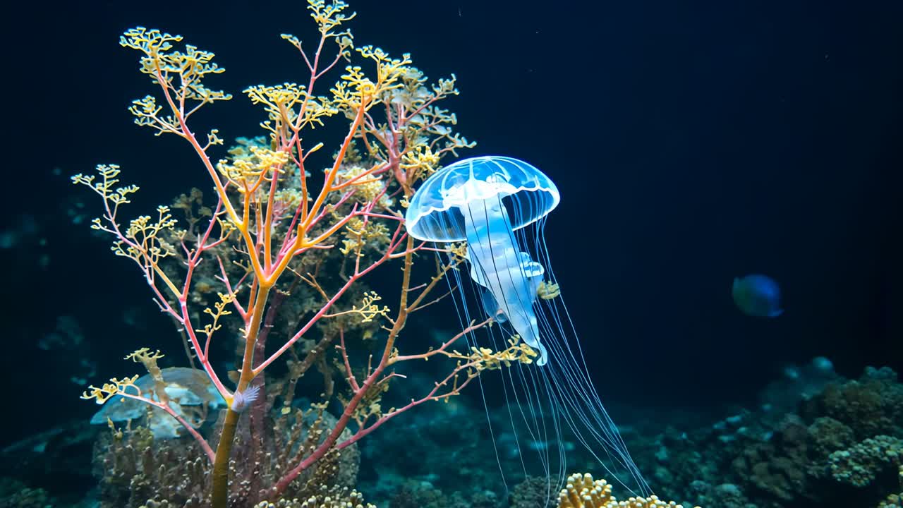 Pulsing translucent jellyfish contracting bell, drifting past soft coral at reef, copy space