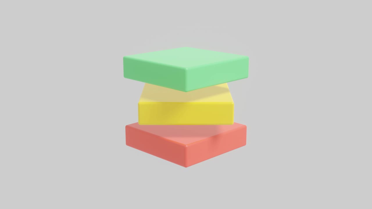 Red-yellow-green 3D rectangle elements rotates on a white background. Abstract seamless loop 3D rendered motion graphic objects