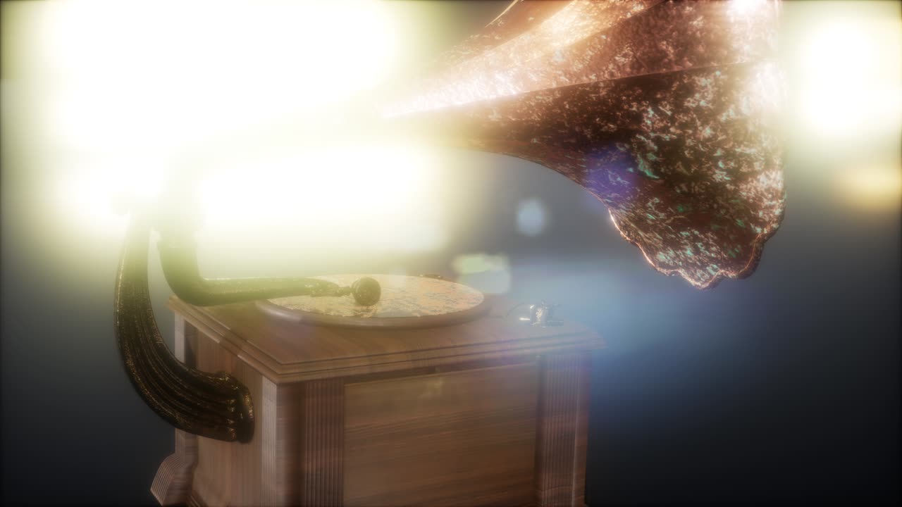 레트로 테크놀로지로 어두운 곳에서 빈티지 그라모폰을 연주합니다.