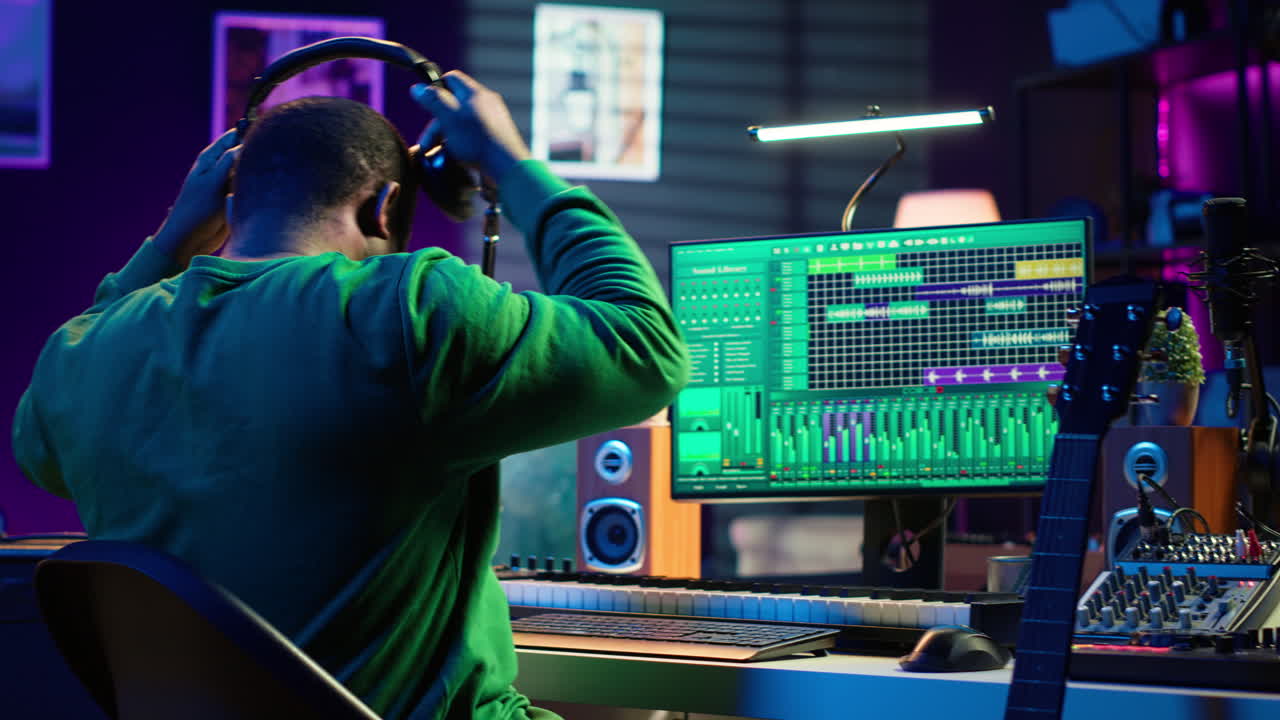 홈 스튜디오에서 어쿠스틱 악기로 새로운 음악을 작곡하는 프로듀서