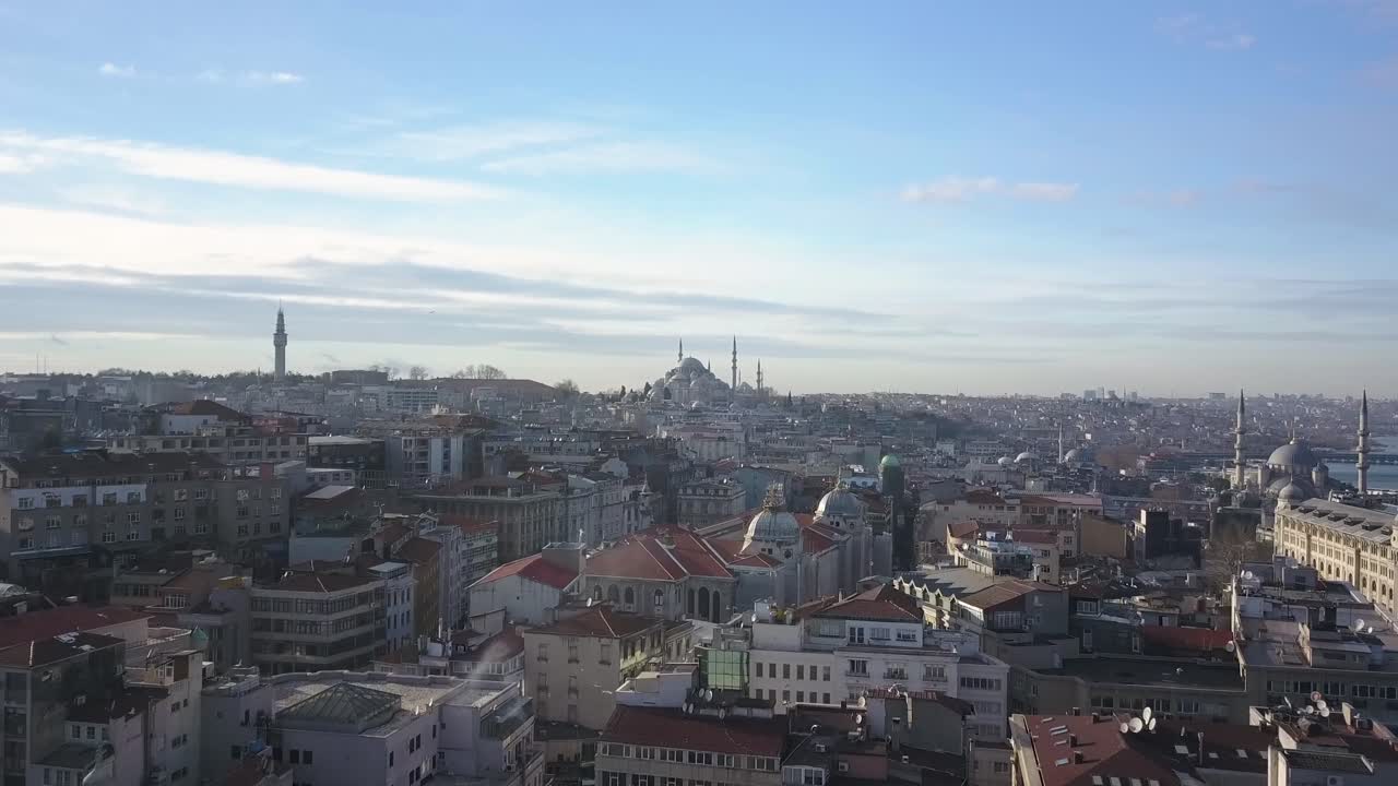 Istanbul Turkey Cityscape Drone Aerial. Residental Buildings and Blue Mosque Under Golden Hour Sunlight
