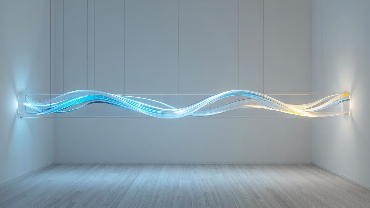 Reacting to initial blue pulse, ribbon sculpture on wires shifting colors in gallery casting glow
