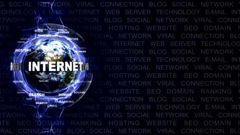 animación de texto de internet y tierra, con palabras clave