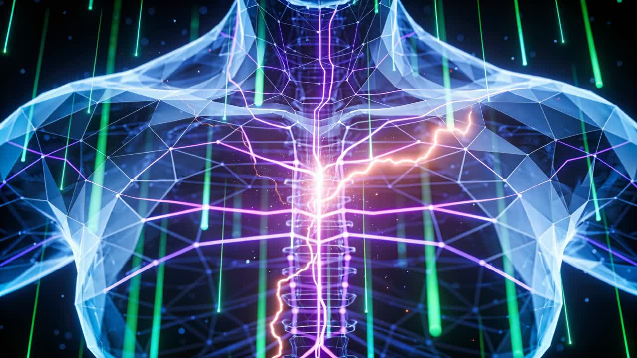 Translucent torso model pulsing central column initiating branching electrical arcs for health tech