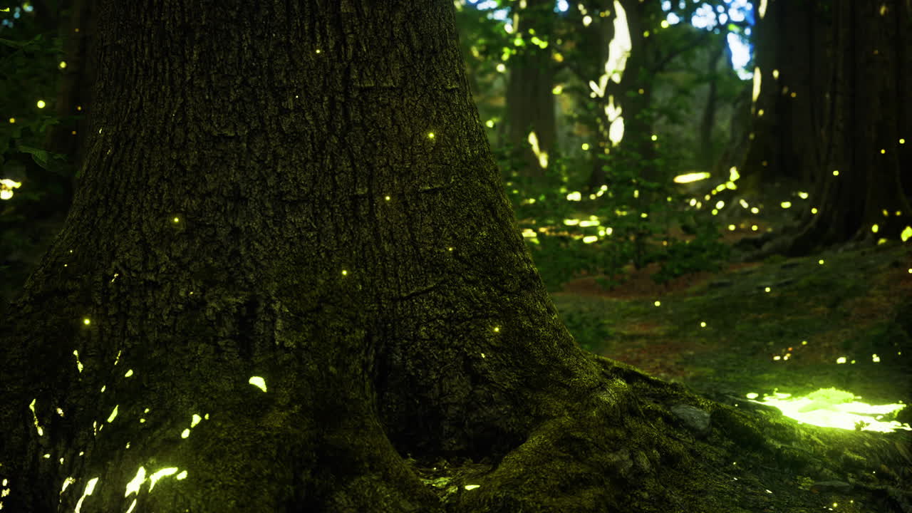 Glowing fireflies illuminate a forest grove during late evening hours