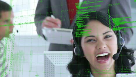 Animation-of-data-processing-over-businesswoman-using-phone-headsets