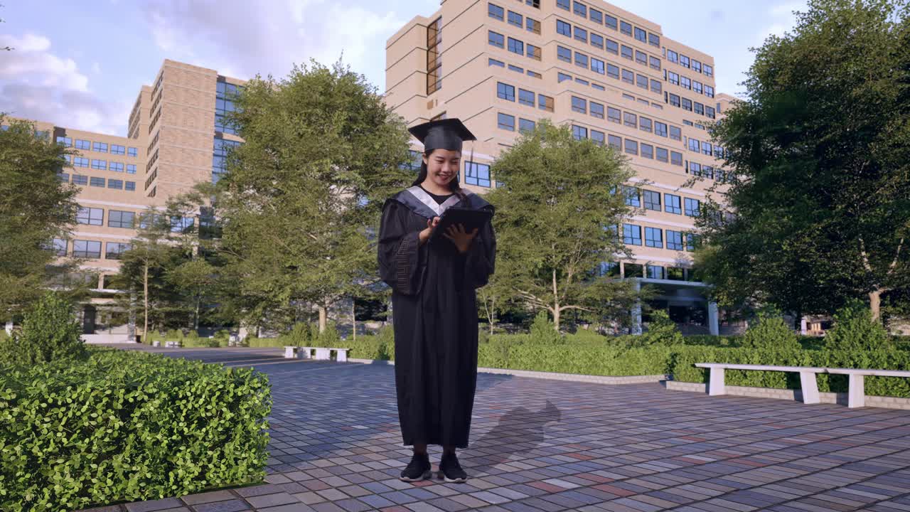 estudiante graduado usando una tableta en el campus