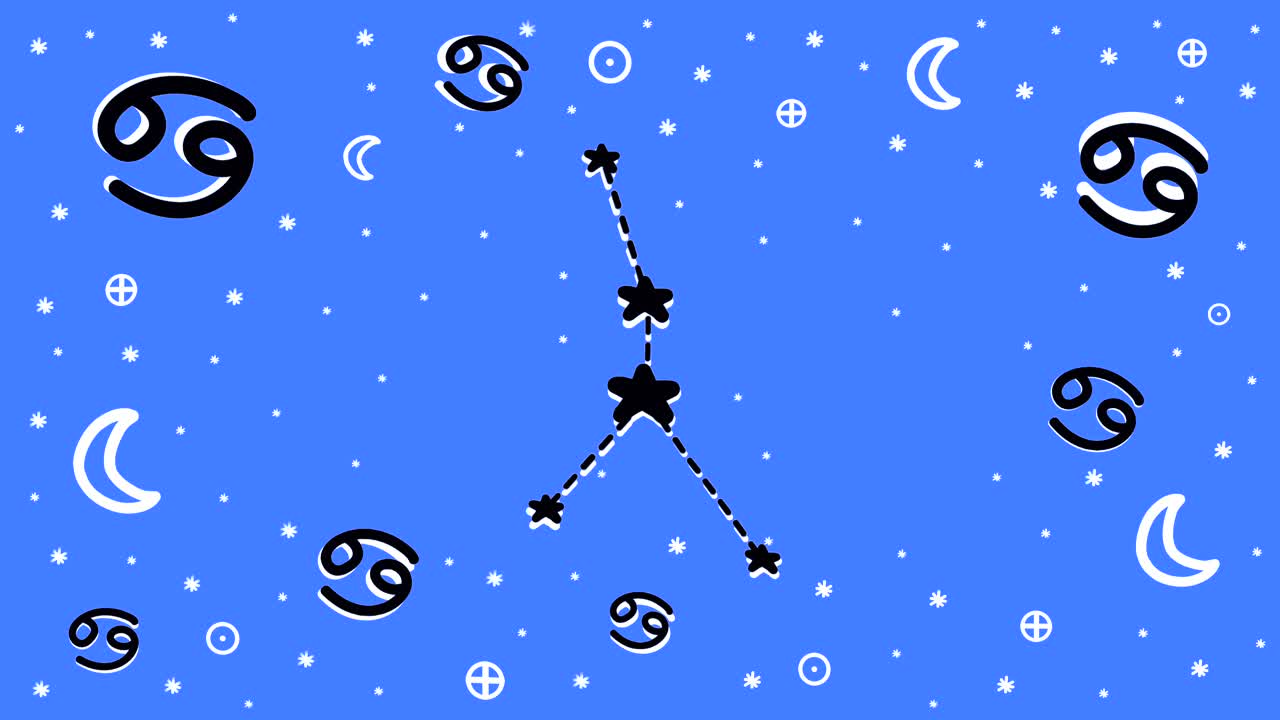 파란색 배경에 조디악 기호 기호 및 별자리의 모션 손으로 그린 애니메이션 중지