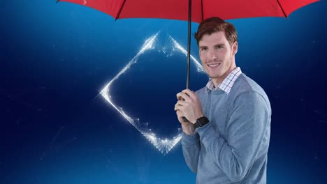 animation of businessman with red umbrella on blue background