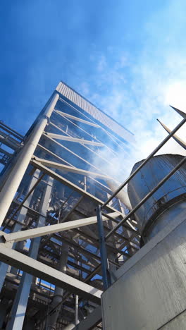 exterior of agricultural plant. smoke going up from industry during drying and processing grain. view from below. vertical video