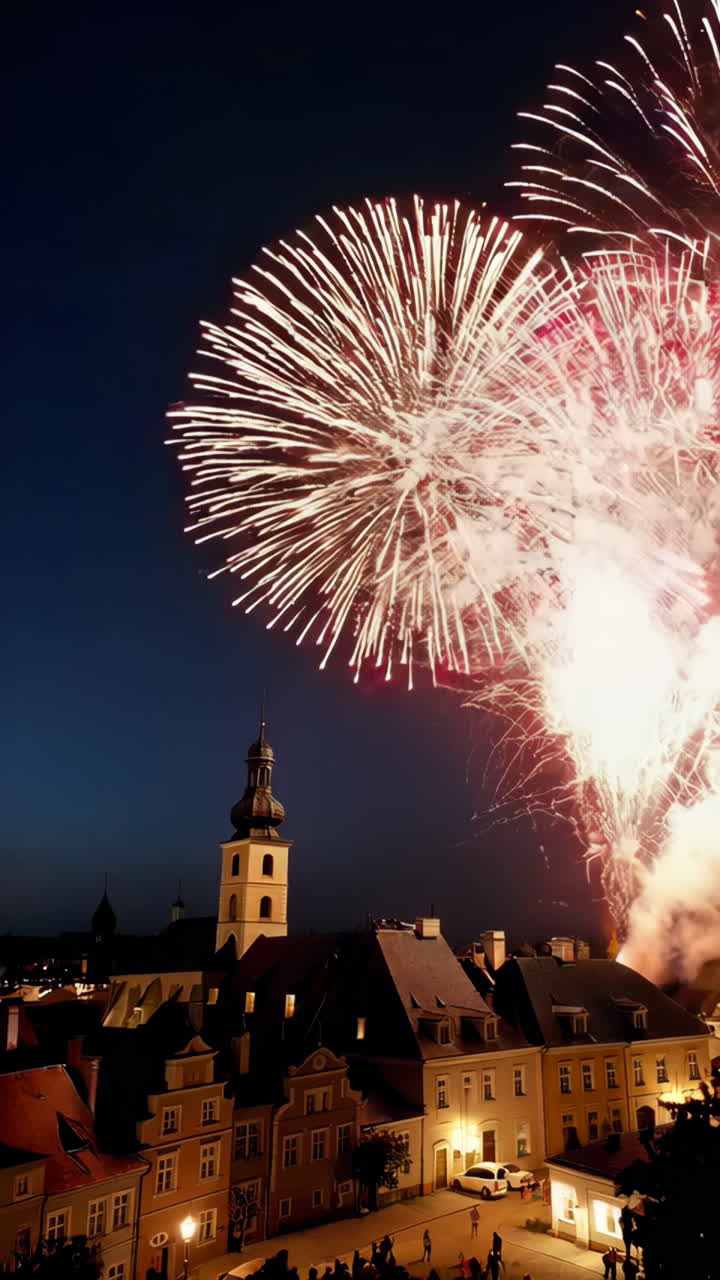 Fireworks over a historic European town