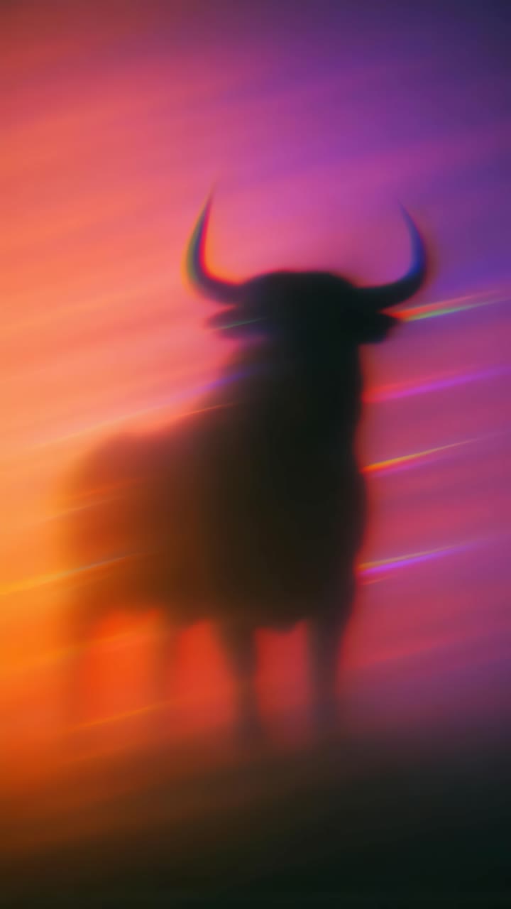 Dynamic silhouette of a bull against a vibrant, streaked background