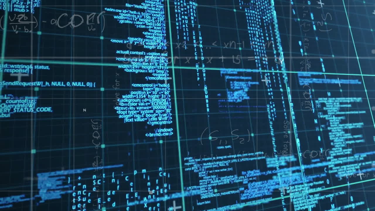 Digital code and data processing animation over grid background with blue text