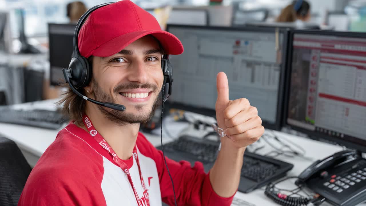 Cheerful Customer Service Representative with Headset Giving Thumbs Up in a Modern Office Environment, Demonstrating Positive Engagement and Professionalism