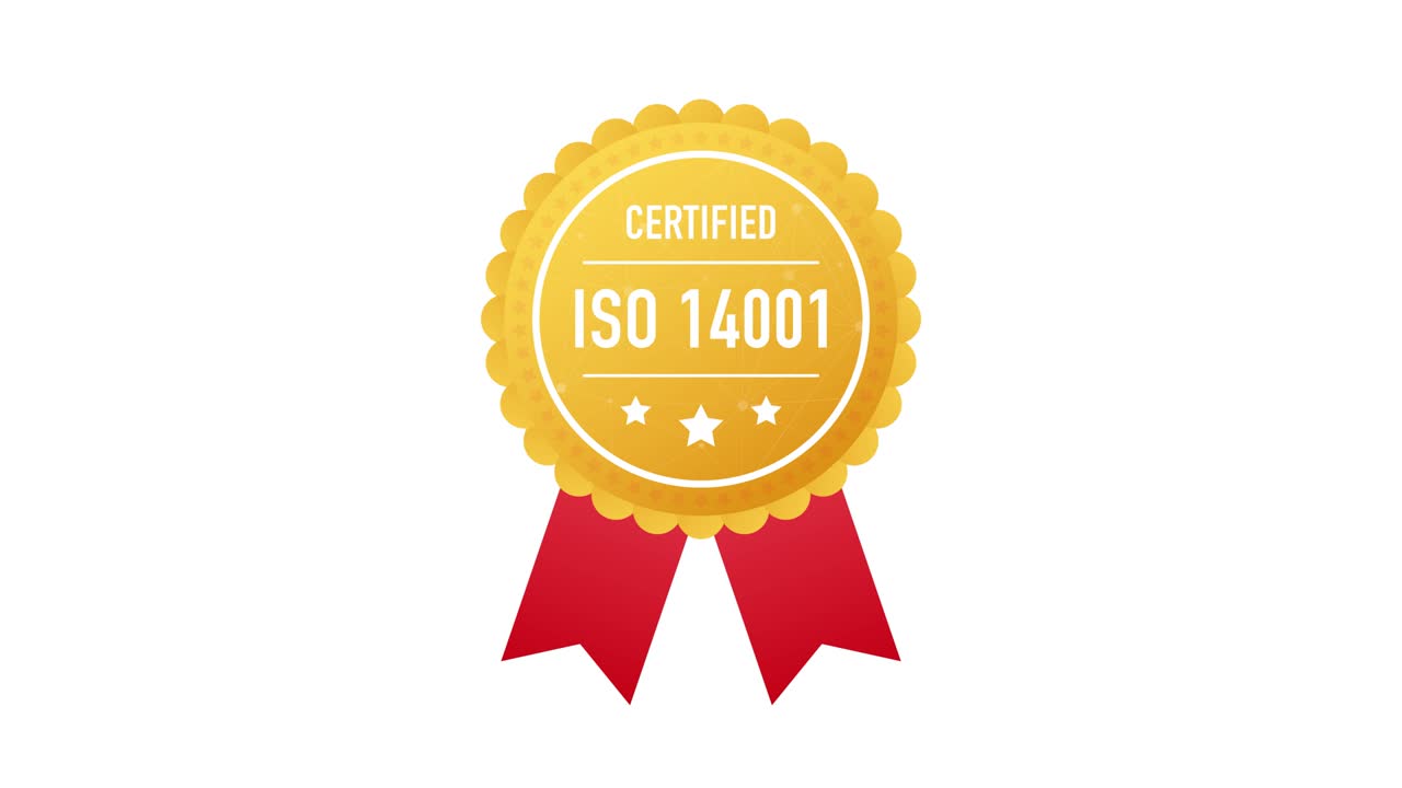 ISO 14001 certified golden label on white background. Motion graphics.