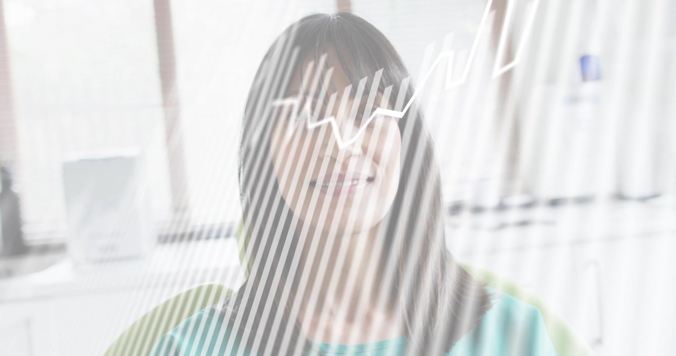 woman following chart animation starting after diagonal grid overlay to visualize business growth