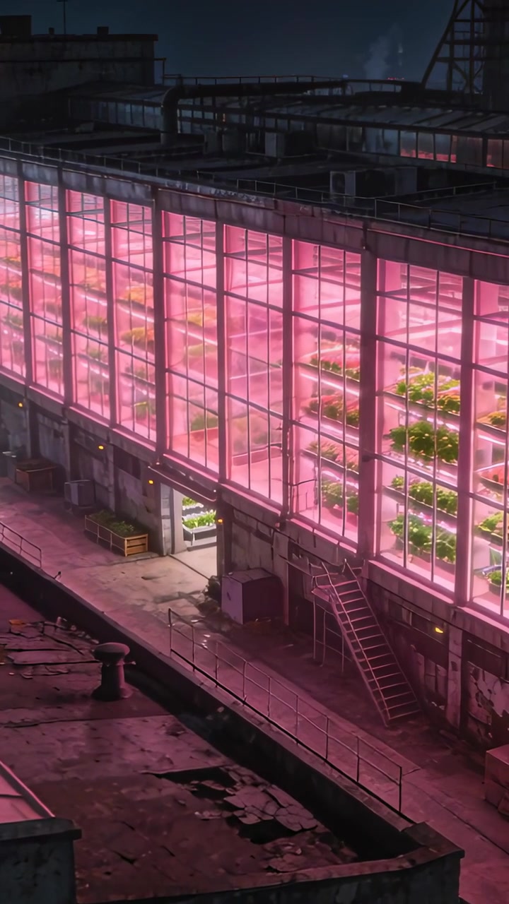 Vídeo vertical: Câmera panorâmica revelando uma estufa alta de vidro no telhado com LEDs rosa e prateleiras de plantas