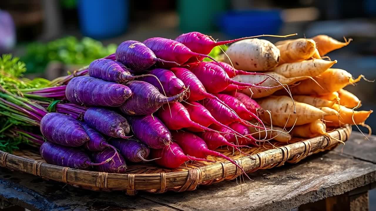 A basket full of purple and orange radishes sitting on a table