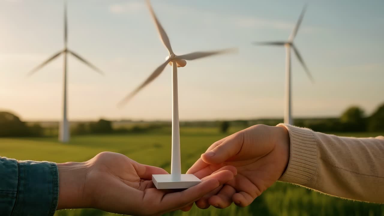 Close-up video of hands exchanging a wind turbine model, set against real turbines in a field