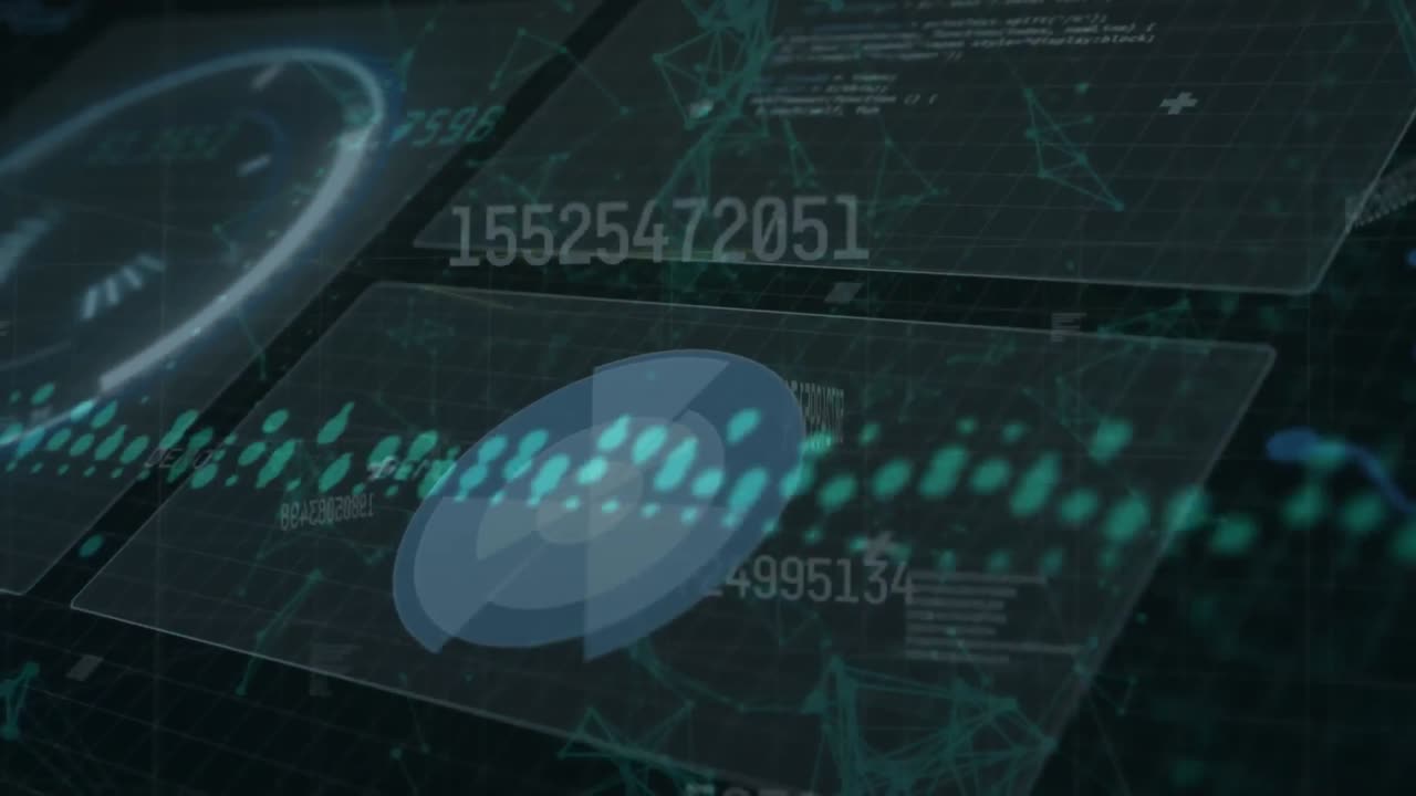 animación de múltiples números cambiantes y interfaz con procesamiento de datos contra un fondo negro.