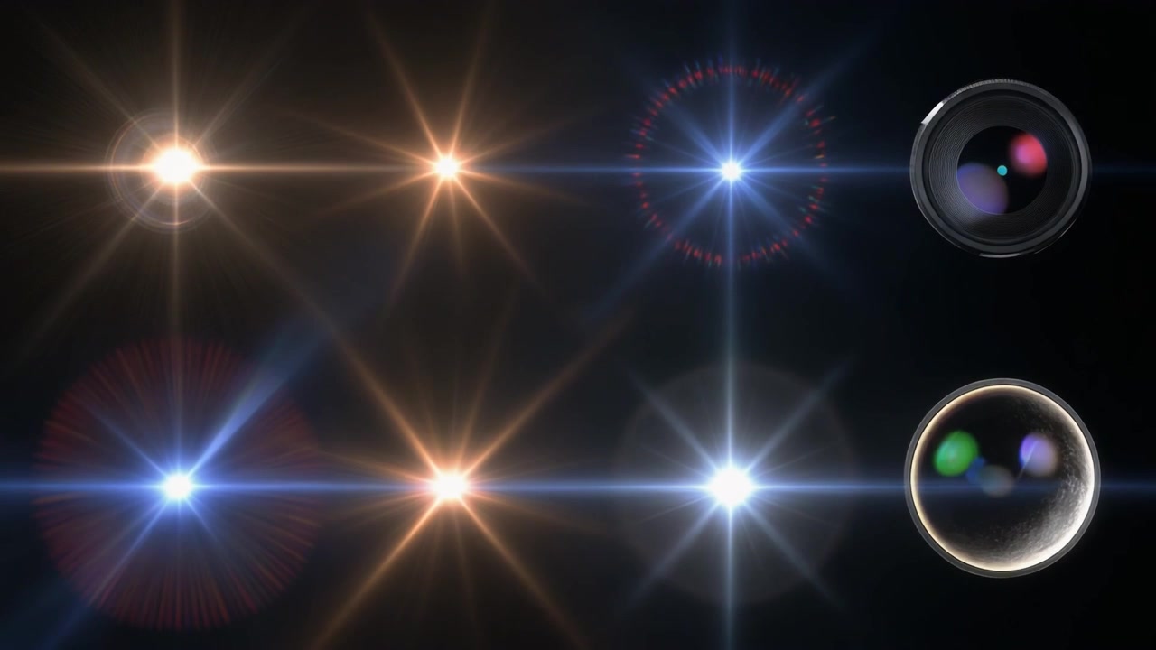 Effetti Lens Flare della Fotocamera e Fughe di Luce Ottiche su Sfondo Nero