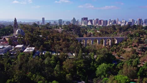 vista aérea del área suburbana del parque balboa en san diego, california, calles de puentes urbanos, caminos y edificios en la parte superior del parque green hill, aterrizaje de aviones y paisaje urbano del centro con el puente coronado en el horizonte