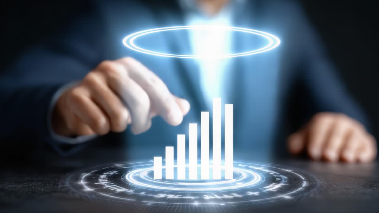 A Business Professional Engaging with Interactive Data Visualization and Growth Metrics Through Holographic Technology in a Modern Workspace Environment