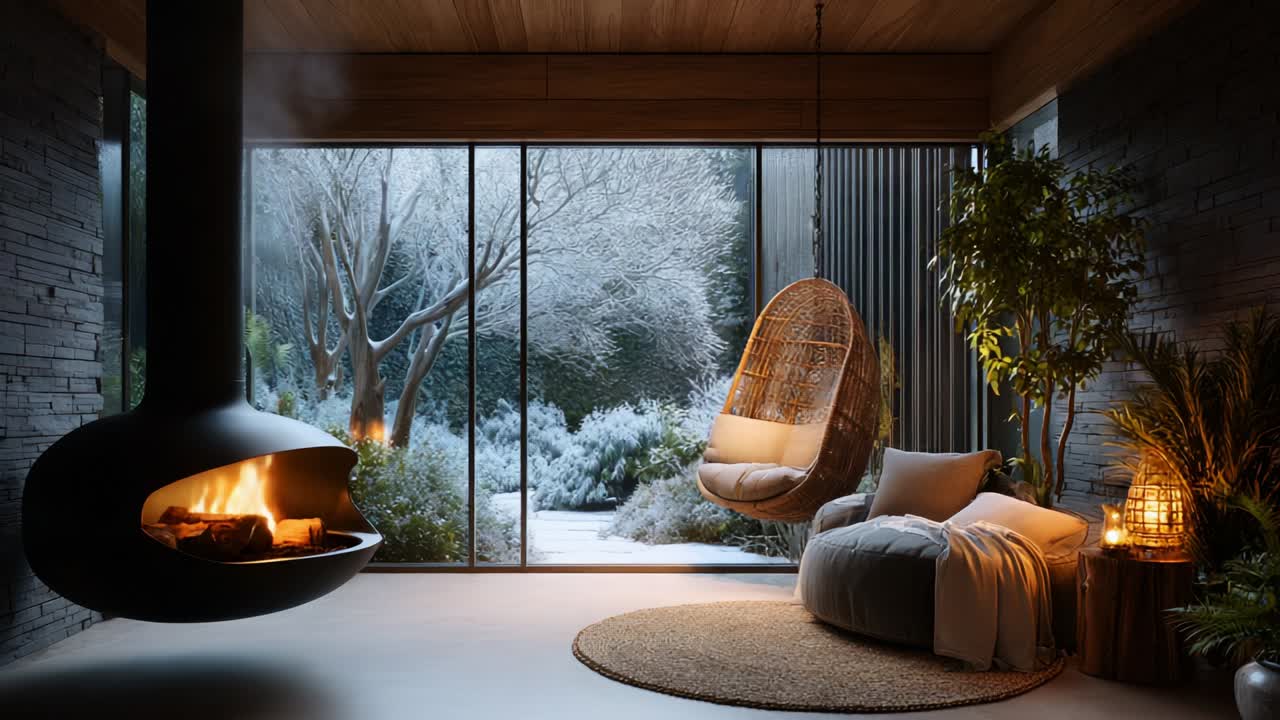 A Cozy Indoor Living Space Featuring a Stylish Hanging Chair, Modern Fireplace, and Inviting Decor, Set Against a Serene Winter Garden View Through Large Glass Windows